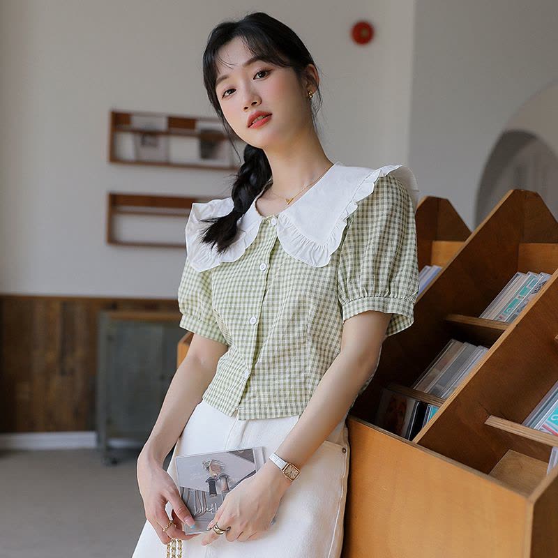 2022夏季新款减龄文艺娃娃领拼接格子百搭搭短袖衬衫女图片