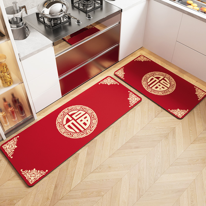 添福运 厨房地垫耐脏可擦免洗地毯长条防滑吸水吸油脚垫耐脏硅藻土厨防水现代简约厨房家用防水防油防滑防摔耐脏地垫可水洗 升级硅藻土厨房垫-福寿无疆 45x180cm