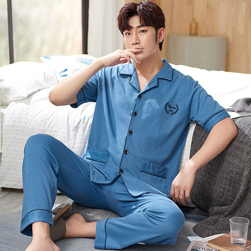 wonderbra男士睡衣纯棉短袖长裤开衫男款休闲家居服套装视频