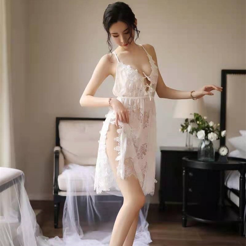 长夜漫漫 女式情趣睡衣诱惑性感露乳内衣女透视奢华蕾丝开档免脱侧开叉吊带睡裙夜店制服三点式比基尼仙女裙成人情趣用品 白色 均码