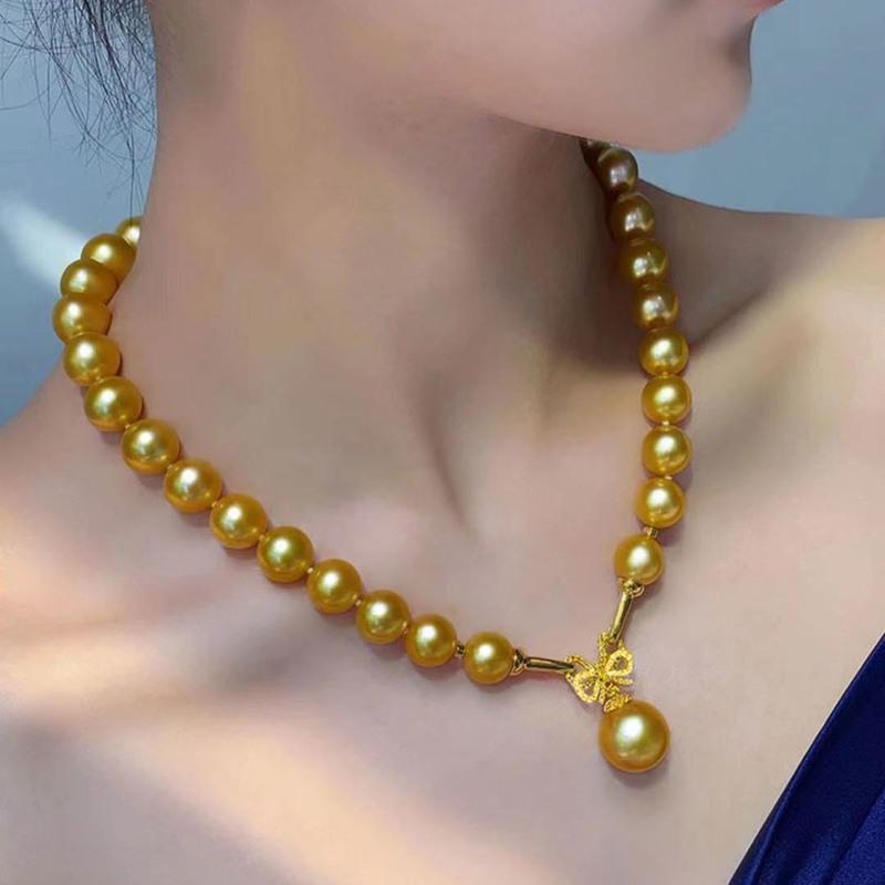 浓金珠项链10mm蝴蝶扣14mm金珠项链金珍珠项链南洋海水珍珠项链金珍珠