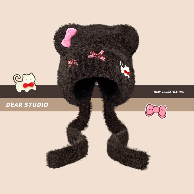 冬季加厚加绒显脸小保暖护耳帽 女士-棕色成人帽高清大图