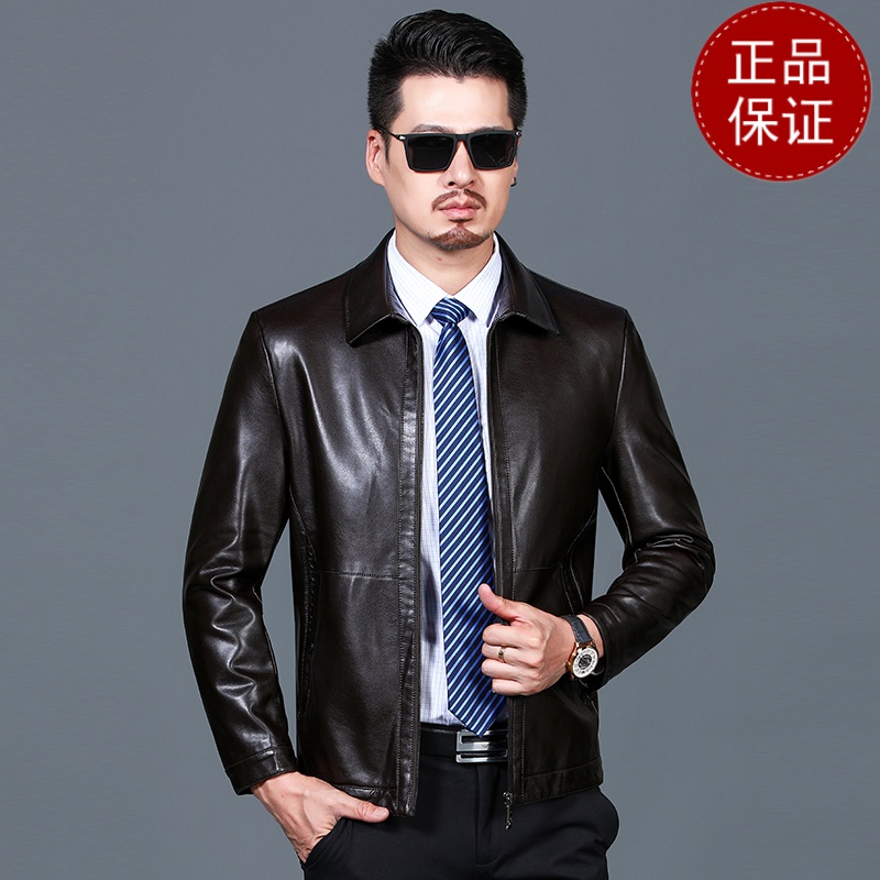 免费试穿黑色皮衣男薄款秋冬外套百搭翻领皮夹克基础款中老年爸爸装5060岁2021冬装新款_620 180 棕色