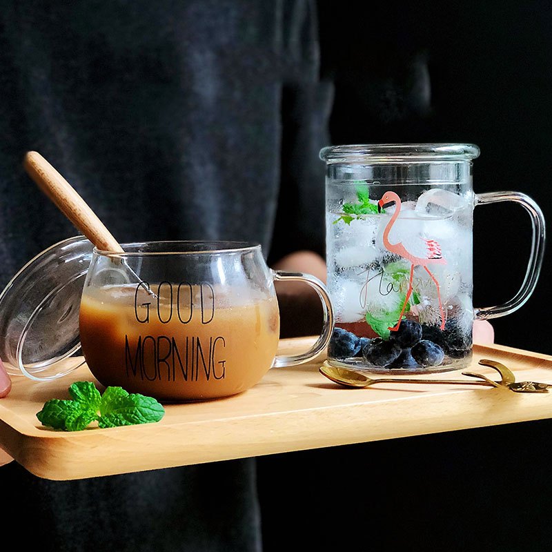 趣涉家居 玻璃杯带把good morning杯早安早餐杯带盖牛奶杯咖啡杯家居器皿生活日用水具杯具