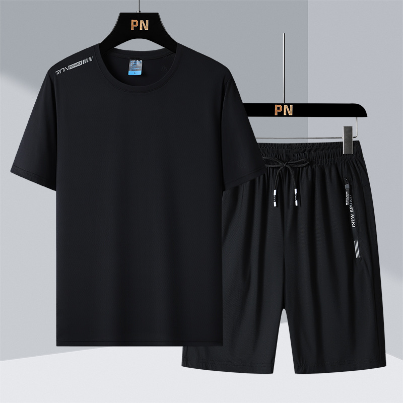 啄木鸟速干冰丝运动套装男短袖T恤夏季新款大码男装休闲裤两件套高清大图