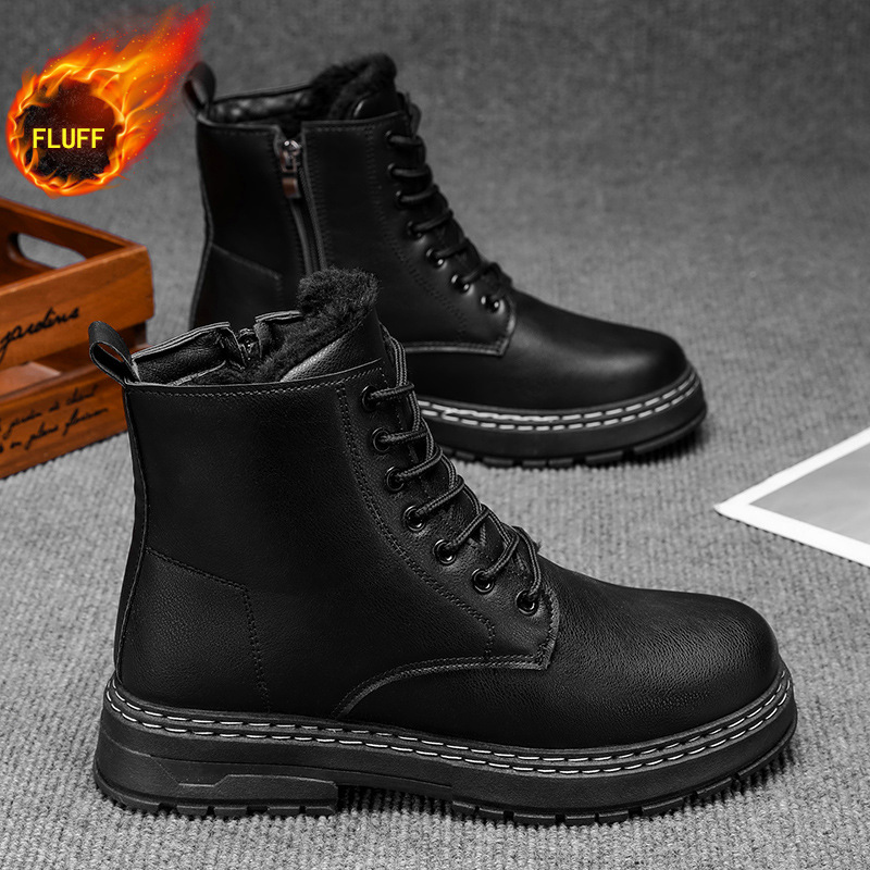 新款保暖加厚黑色男士机车靴侧拉链舒适百搭潮流户外徒步男靴