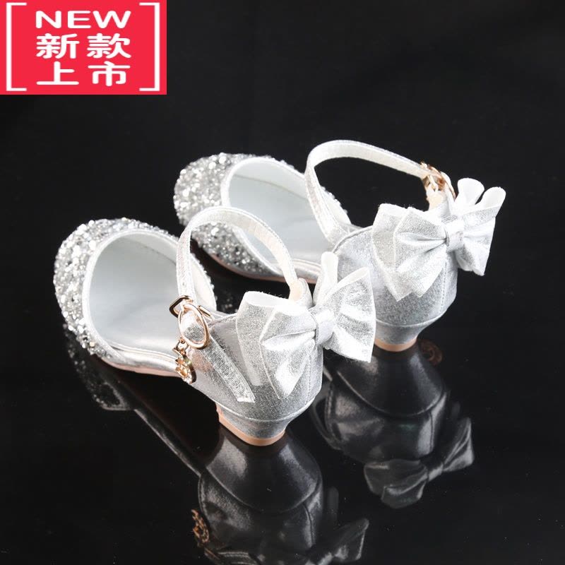 可莉允女童高跟皮鞋小公主演出鞋银色儿童搭配礼服中大童走秀舞台水晶鞋运动休闲鞋图片