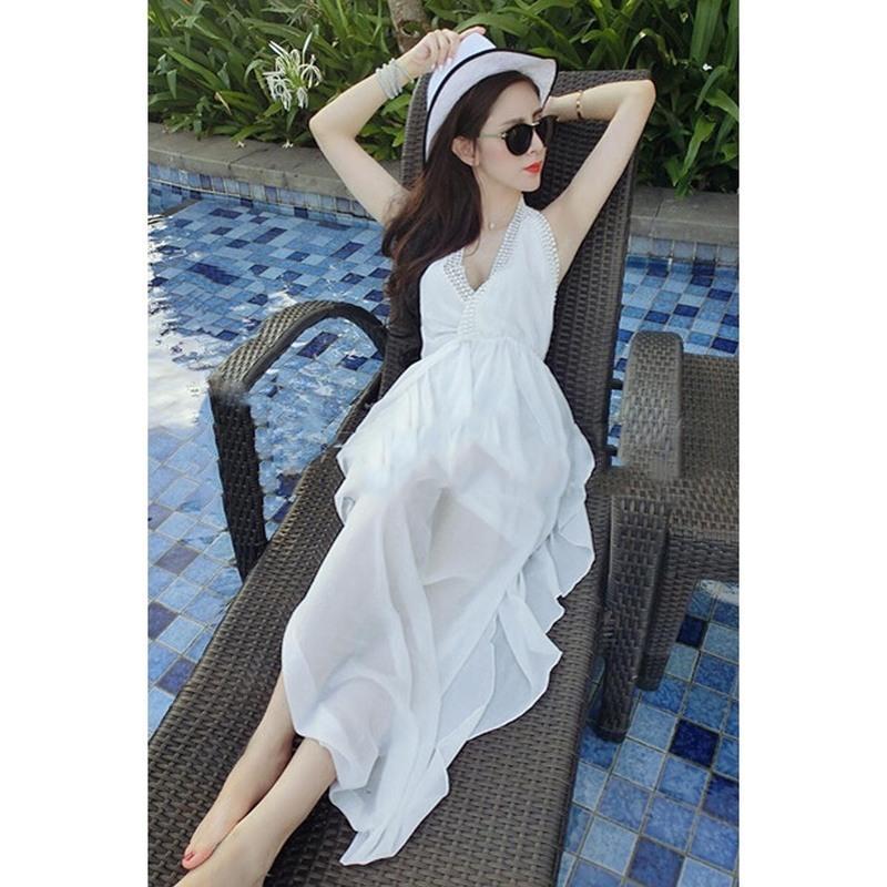 初春季新款低领深v吊带夏季长裙海边必备露背吊带裙开叉裙连衣裙白色s