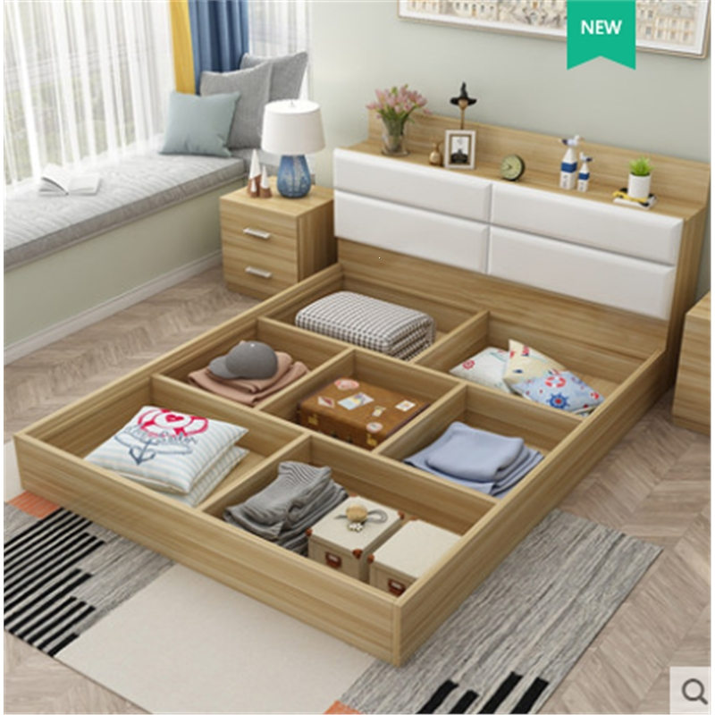 现代简约板式床1米2榻榻米1.8米出租双人床1.5米收纳床高箱储物床