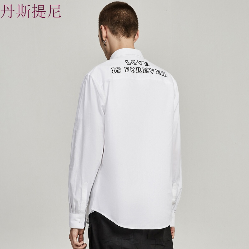男装长袖衬衫男白色刺绣徽章纯棉男士衬衣牛津纺秋季休闲白衬衫