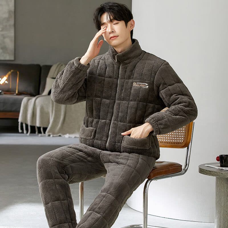 浪莎(LangSha)男士睡衣男冬季三层夹棉特厚保暖家居服中老年防寒长袖长裤可外穿 灰棕 XL图片