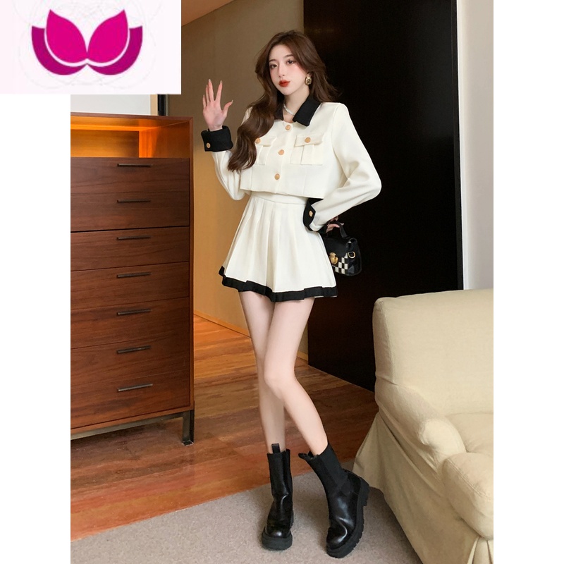 七斓名媛气质高级感小香风套装裙女2023春季新款高腰百褶半身裙级 M 白色两件套