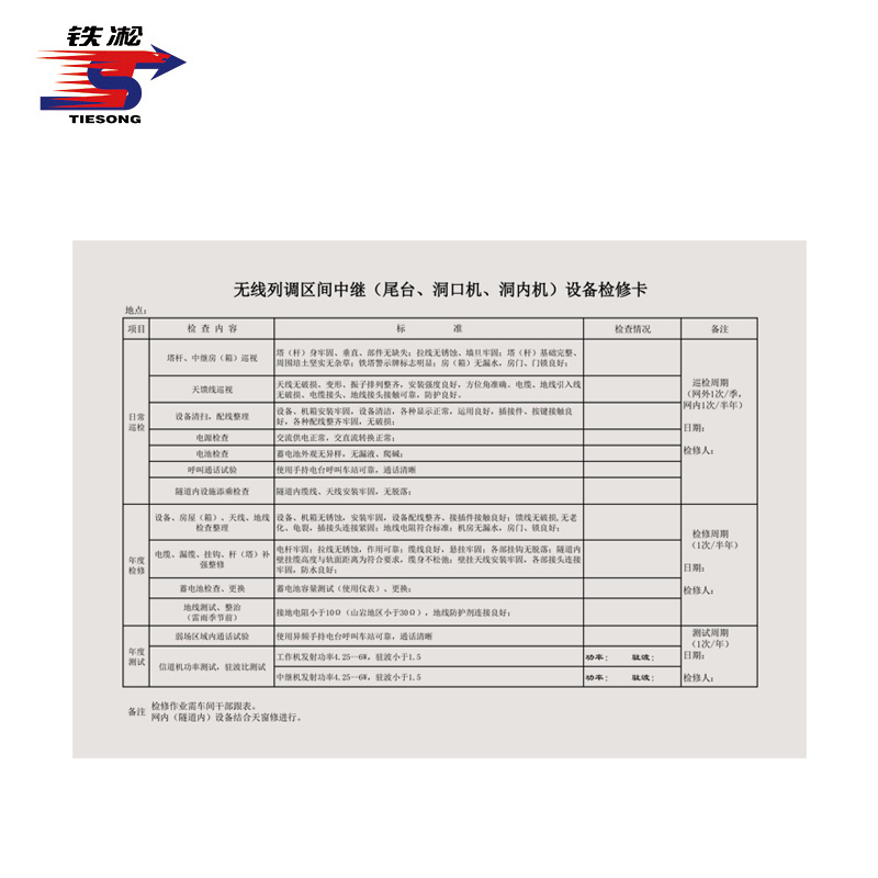 铁凇 无线列调区间中继(尾台、洞口机、洞内机)设备检修卡 297*210mm 张高清大图