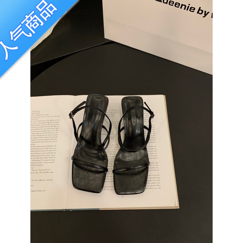 SUNTEK黑色高跟一字带凉鞋女鞋子2023年新款夏季简约气质法式晚风罗马鞋高清大图