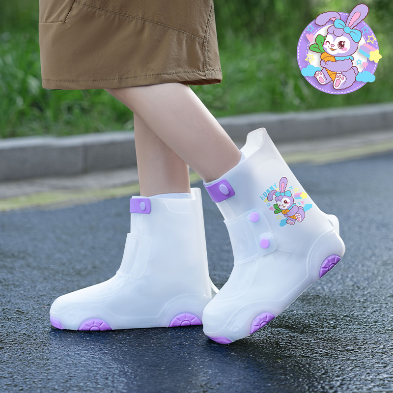 正雨儿童雨鞋套半透白设计时尚印花实用美感雨天上下学9063 半透白紫兔子 30-31