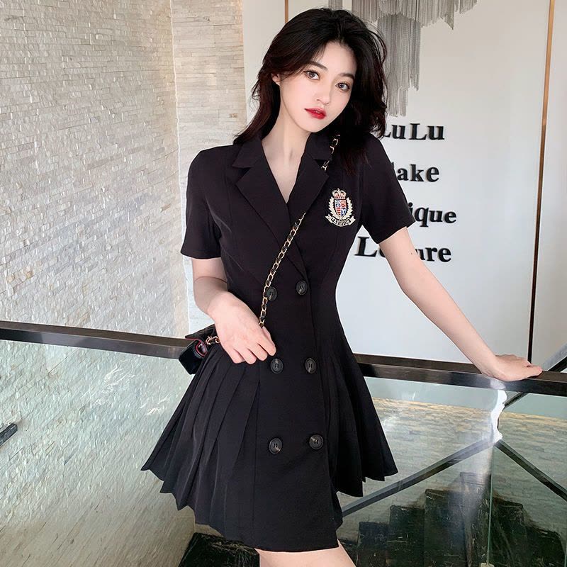 美动态大码女装夏季法式小众百褶西装裙胖mm藏肉显瘦显瘦连衣裙图片