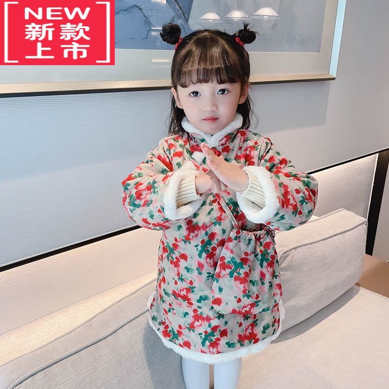 可莉允女童加厚保暖旗袍裙棉衣冬装中国风女宝宝冬季夹棉碎花唐装拜年服棉服图片