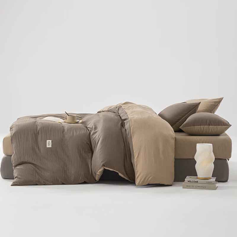 無印良品透气水洗棉四件套MJ-T2024-0202浅灰+卡其被套-200*230(±2)cm
