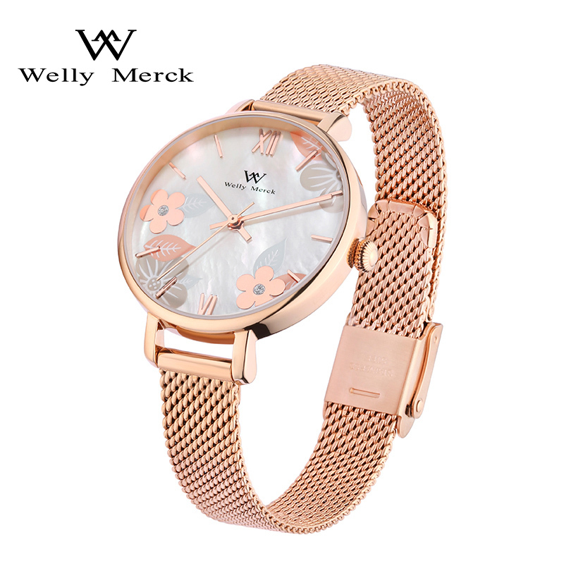 wellymerckc花朵石英防水女神腕表玫瑰金钢带wm015lm3rfb