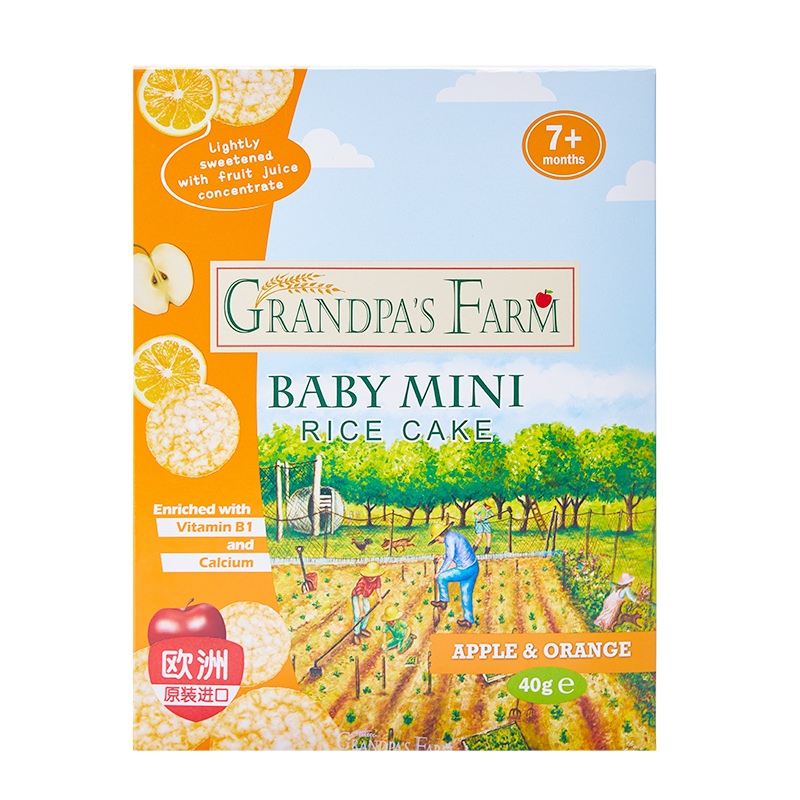 爷爷的农场 欧洲进口宝宝水果磨牙饼干婴幼儿零食小吃磨牙棒 苹果橙子味米饼 40g/盒