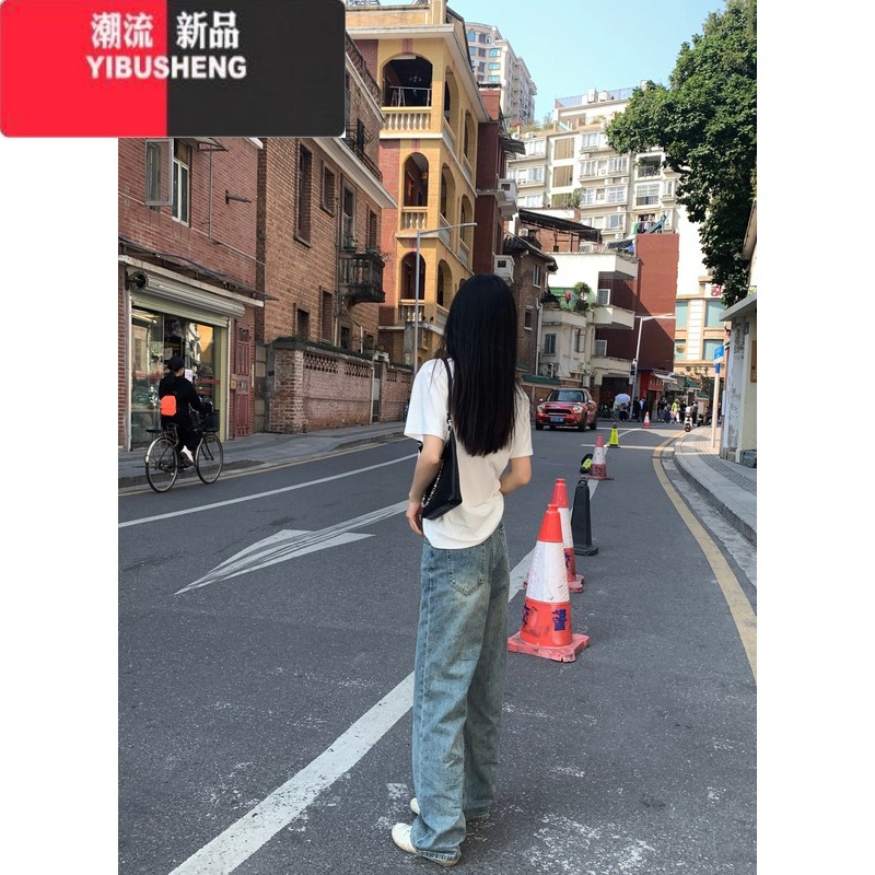 YIBUSHENG白色正肩短袖t恤女季2024年新款打底衫宽松显瘦别致V领法式上衣高清大图