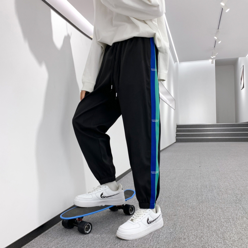 蓝缕金(LANLVJIN)男士休闲裤春秋季2021新品松紧系带束脚裤青少年拼色印花宽松运动裤韩版休闲学生男裤子