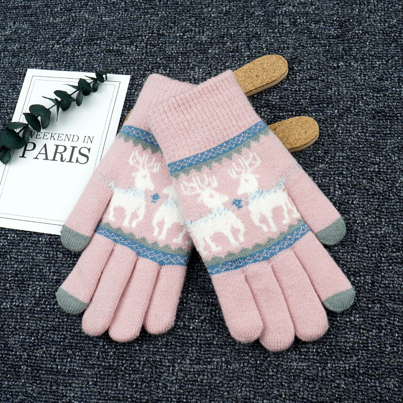 骑车冬季手套女生可爱卡通学生情侣加厚保暖手套针织毛线棉手套小鹿