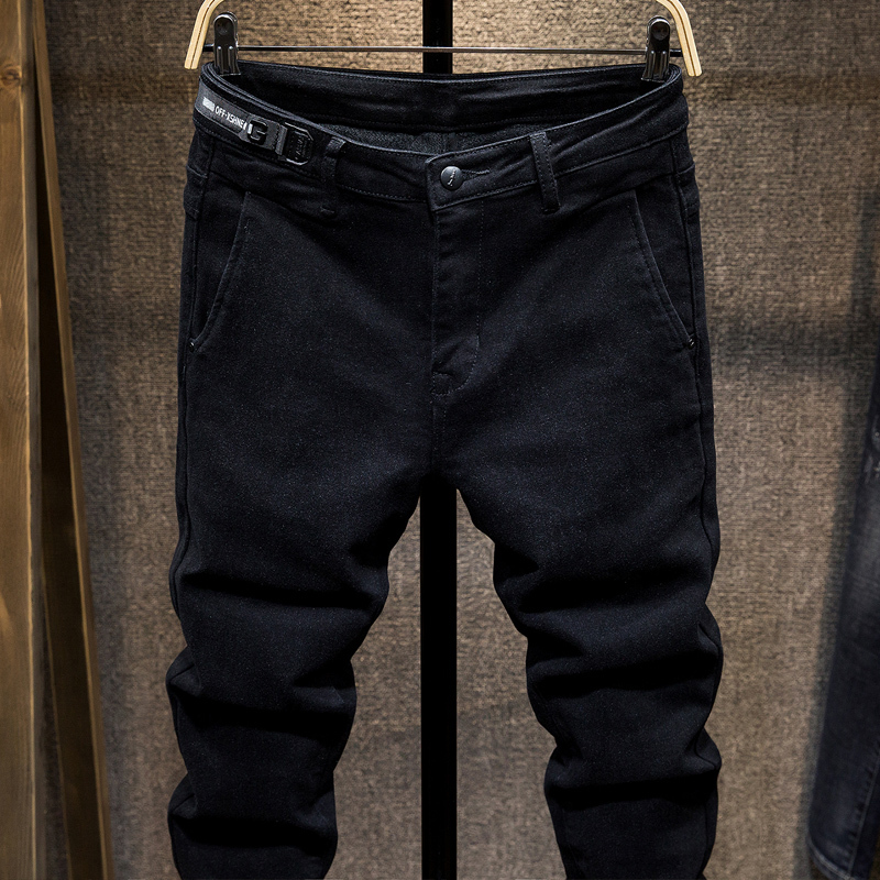 yuansu冬季黑色牛仔裤男磨毛薄绒加厚保暖修身小脚裤男士休闲长裤子男