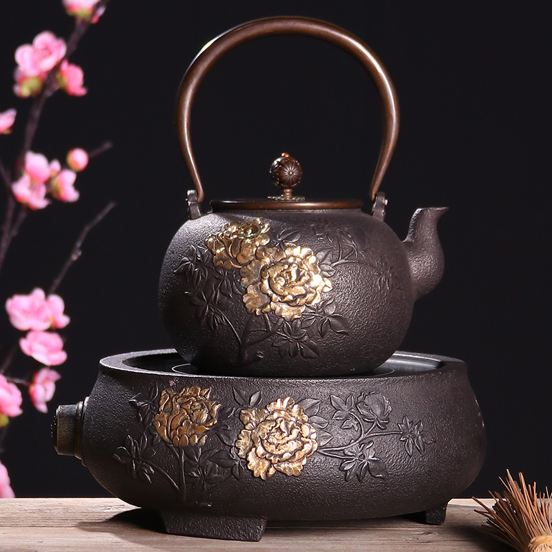 Atelier Tete 铁壶铸铁 煮茶器仿日本煮茶壶套装电陶炉半手工泡茶煮水壶煮茶器 富贵牡丹铁壶套组