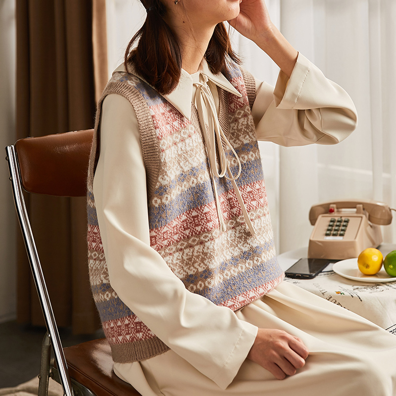 4元]唐狮领马甲女毛衣背心外穿马夹百搭针织衫韩版短款坎肩宽松毛线