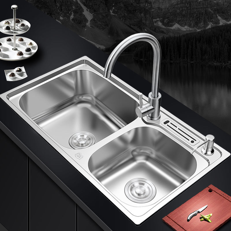 厨房304不锈钢加厚水槽双槽厨房一体洗菜盆双盆洗碗水池家用套餐