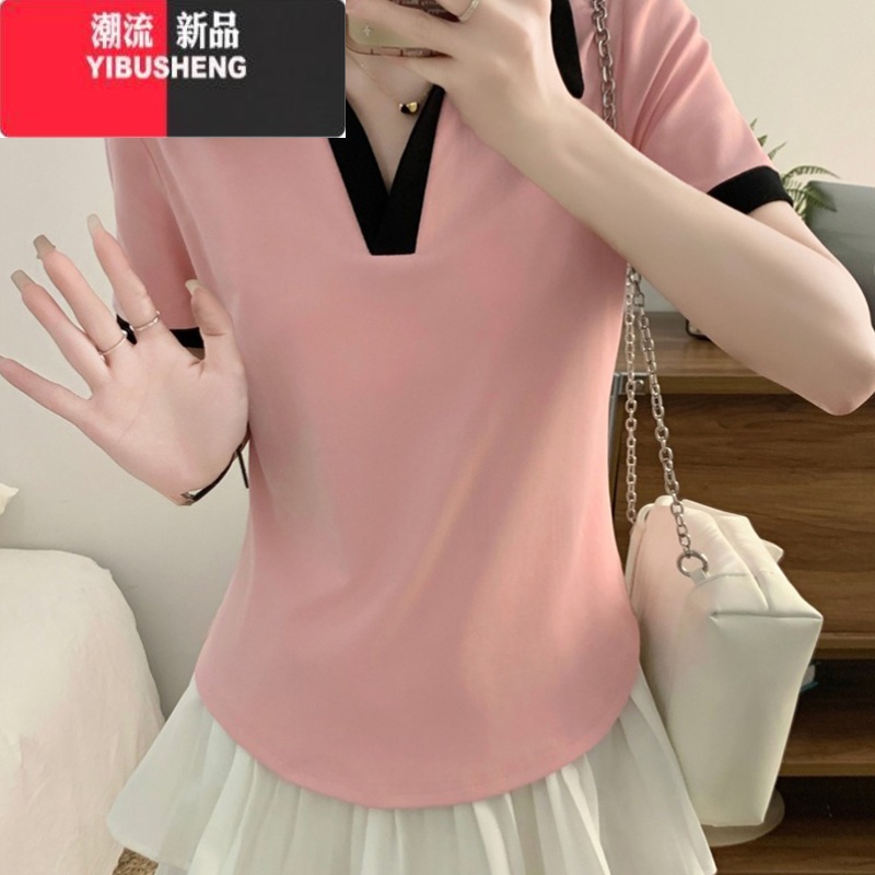 YIBUSHENG大码胖MM女装撞色v领短袖T恤女2024新款设计感美式复古正肩上衣高清大图