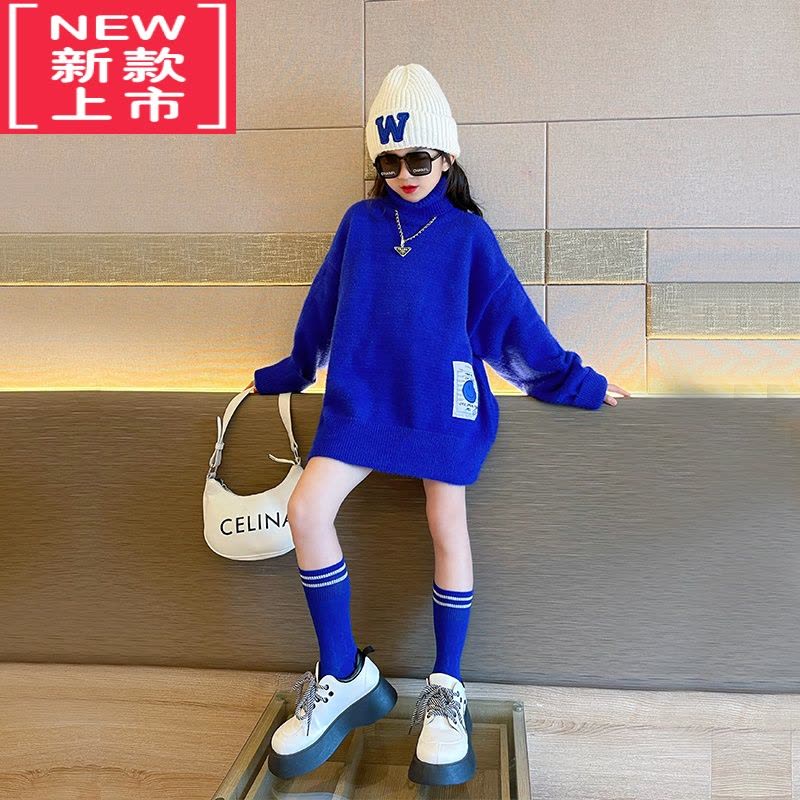 可莉允女童毛衣秋冬季2022新款时髦洋气儿童高领中长款秋装针织衫图片