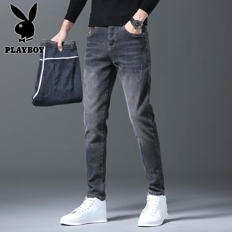 花花公子新款高品质2025秋冬加绒牛仔裤修身弹力潮牌男装复古简约百搭长裤子_120高清大图
