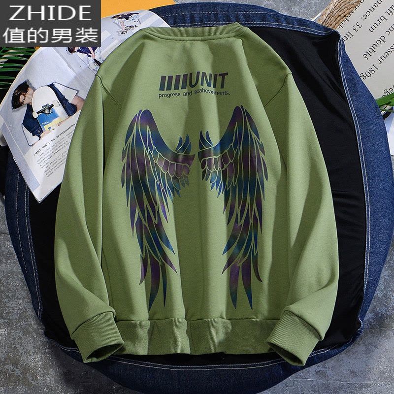 SUNTEK个性反光翅膀印花卫衣圆领套头男韩版潮学生班服百搭宽松上衣情侣卫衣图片