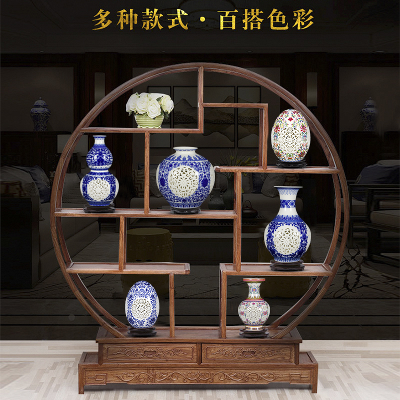 景德镇陶瓷器花瓶石榴瓶摆件青花瓷镂空中式家居客厅博古架装饰品 三维工匠 粉彩镂雕冬瓜瓶高清大图