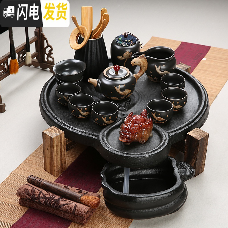 三维工匠家用石磨茶盘黑陶粗陶手绘紫砂哥窑汝窑功夫茶具陶瓷茶台茶托干泡 牛转乾坤茶盘+官窑茶具套组 20件
