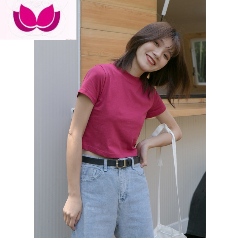 七斓 短款露脐短袖t恤女2023新款纯色简约棉白色圆领上衣