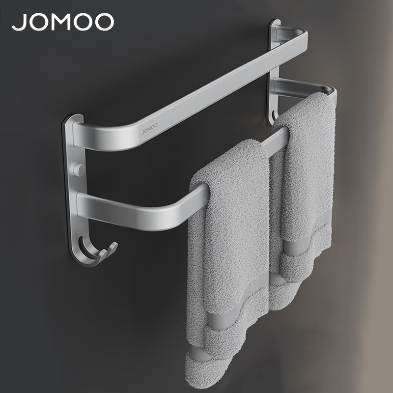 九牧(JOMOO)浴室免打孔毛巾架挂件置物架枪灰色太空铝93011系列9301112/9301109高清大图