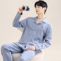 花花公子男士睡衣男秋冬纯棉开衫家居服套装青少年全棉长袖居家子 XXXL 100%纯棉梦幻蓝小布标