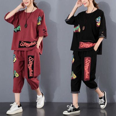 2021新款200斤夏季宽松大码胖mm破洞上衣贴布印花休闲两件套装女