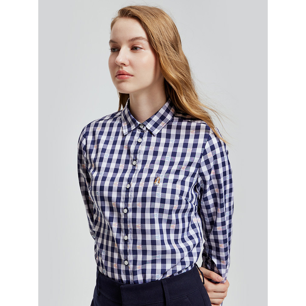 hush puppies暇步士女装衬衣2021新蓝白格休闲长袖衬衫|ha-21767d