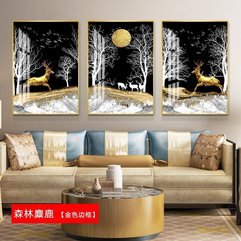 客厅装饰画沙发背景墙挂画北欧壁画三联组合轻奢麋鹿晶瓷餐厅墙画 森林麋鹿（金色边框） 80*100cm三联套装（建_544