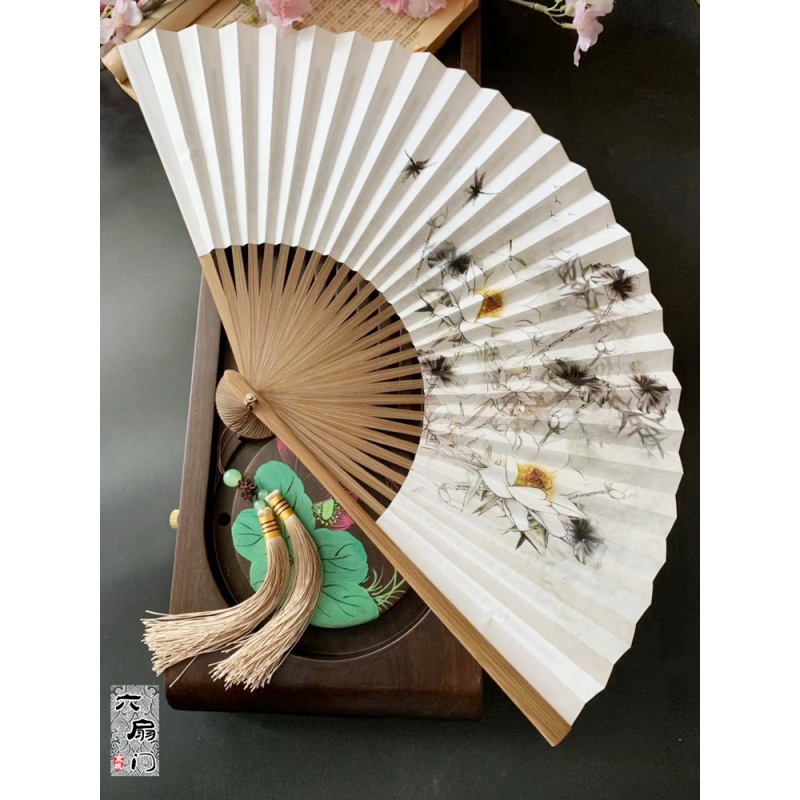 中国风8寸28方串扇双面男女士纸扇手绘古风手工折扇子折叠工艺扇 三维工匠 荷花高清大图