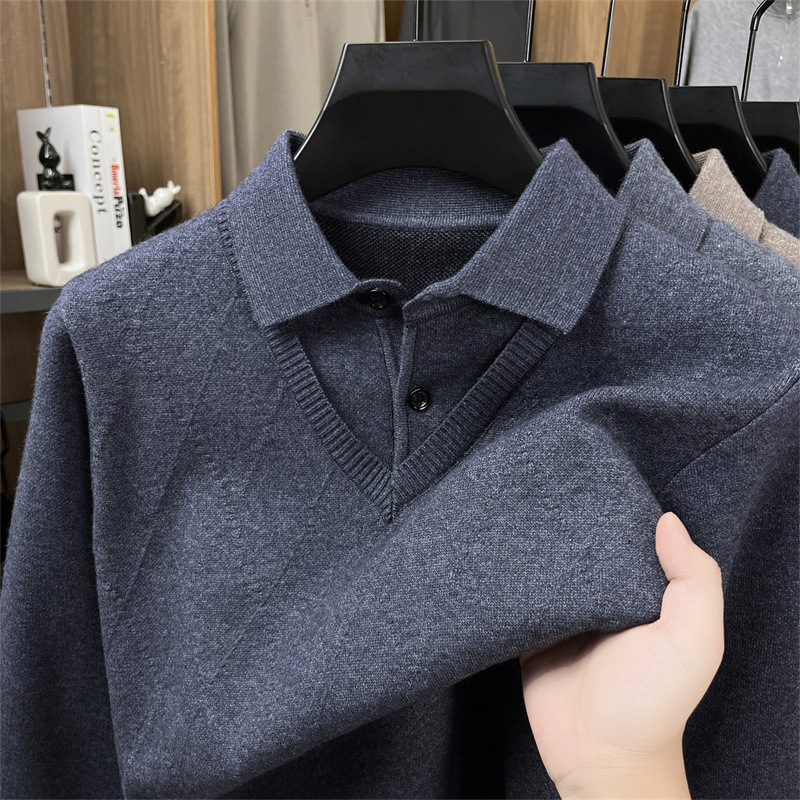 衬衫领男士毛衣假两件2025秋冬新款翻领提花加厚保暖打底针织衫男高清大图