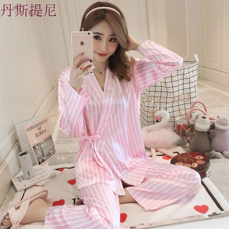 春秋季和服睡衣女夏长袖冰丝薄款家居服女韩版甜美可爱可外穿套装