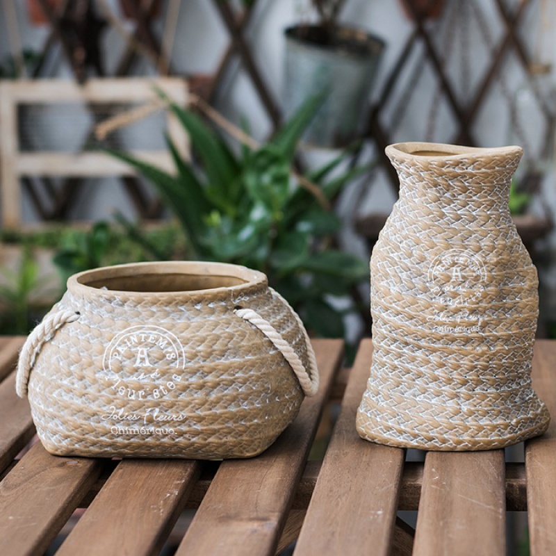 家柏饰(CORATED)编织口袋陶艺花盆 花器 花瓶 花篮 园艺庭院装饰ZAKKA B小号(底部有孔)(不能水培) 大高清大图