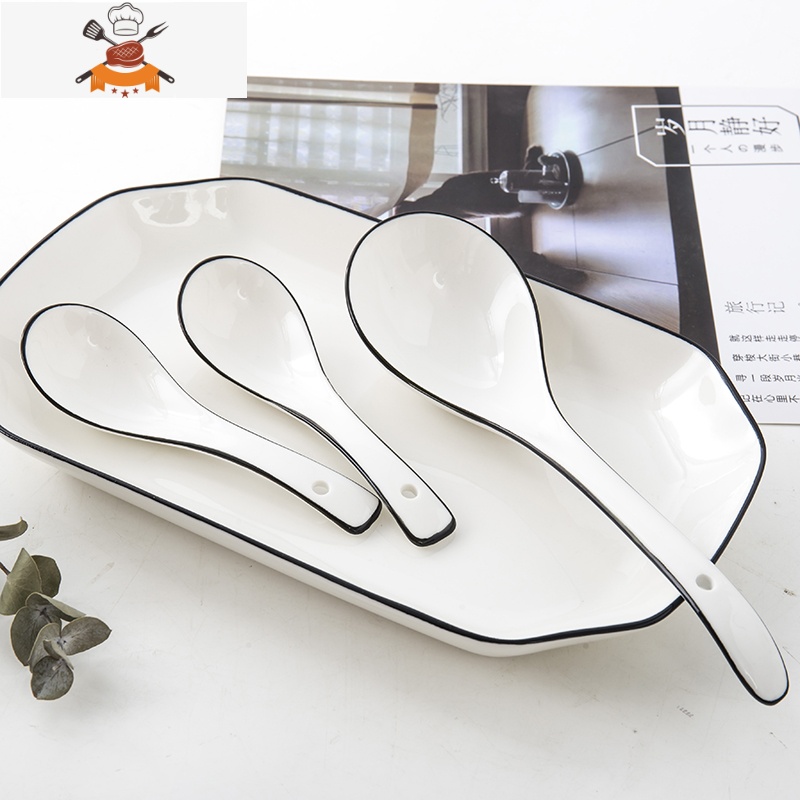 黑线10个装陶瓷勺子家用北欧简约喝汤小勺大汤勺吃饭勺小调羹汤匙 敬平 黑线6个小勺+1个大汤勺高清大图