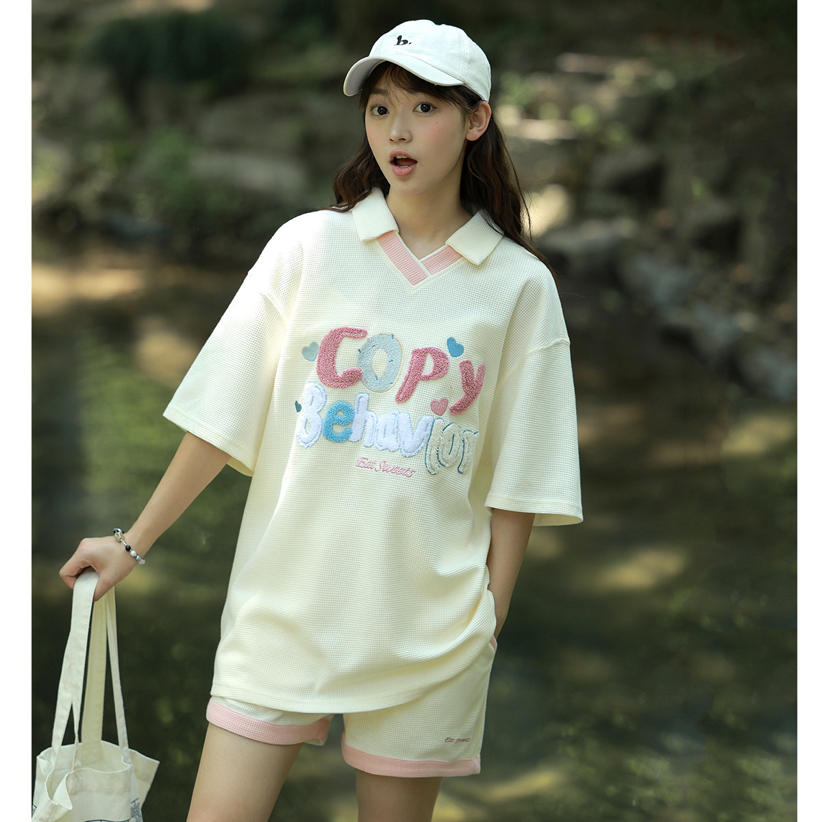 2024夏季女衬衫领前胸毛巾绣大图案短裤套装_44226 L 本白