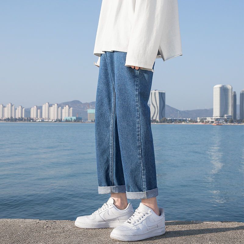 浅色牛仔裤男潮流夏季宽松薄款直筒九分裤港风青少年水洗中腰裤子 X14 黑色 M [建议95-110斤]